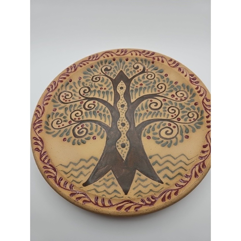 Hand-Painted Tree of Life Ceramic Wall Plaque in Tan and Brown